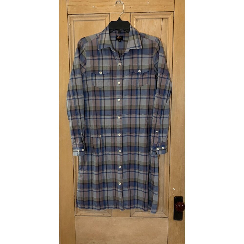 L.L. Bean Plaid Button-Front Long Sleeve Shirt Dress in Blue and Gray